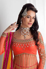 ZFashion Women's Fanta Mastani Orange Color Embroidered &amp; Lace Work Semi-Stitched Net Lehenga with Yellow Net Dupatta