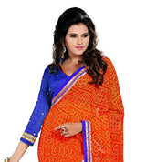 Oomph! Bandhni Printed Chiffon Saree With Dupion Silk Blouse And Embroidered Border (Indian Orange and Indigo Blue)