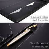 STYLIO Padfolio/ Resume Portfolio Folder - Interview/ Legal Document Organizer & Business Card Holder - With Letter-Sized Writing Pad - Handsome Piano Noir Faux Leather Matte Finish & Accent Stitching