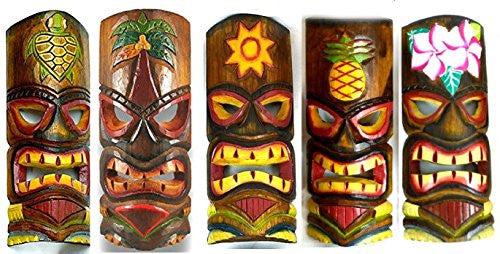 SET OF 5 HAND CARVED POLYNESIAN HAWAIIAN TIKI STYLE MASKS 12 IN TALL turtle pineapple colorful flower parrot