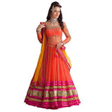 Clickedia Women's Net Embroidered Semi Stitched Orange and yellow Lehenga Choli/ Lehenga Suit