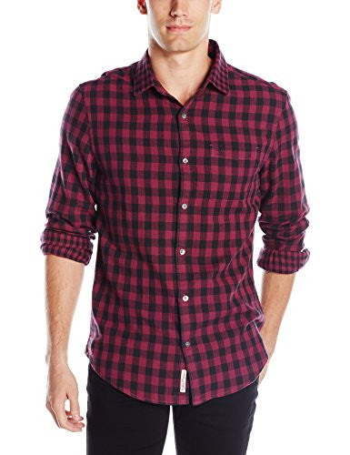 Original Penguin Men's Long Sleeve Double Weave Gingham Woven, Amaranth, Small
