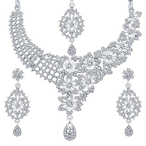 Sukkhi Glittery Rhodium Plated AD Necklace Set For Women