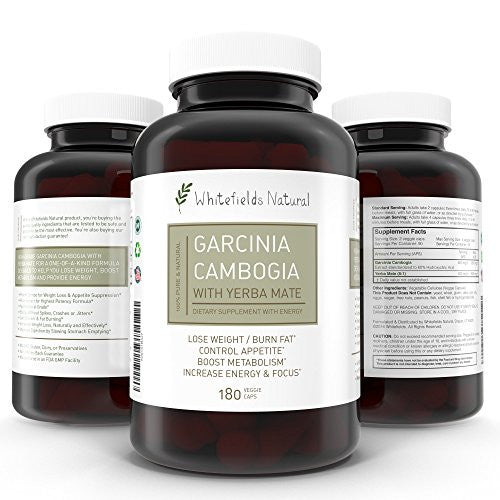 Pure Garcinia Cambogia with Energy from Yerba Mate. Weight Loss and Diet Pill, Appetite Suppressant Helps Increase Metabolism, Boost Energy without Jitters or Crashes, All While Burning Fat, 180 Caps