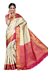 Mimosa Women's Traditional Art Silk Saree Kanjivaram Style With Blouse Color:Off White(3300-225-HWT-RNI )