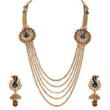 Sukkhi Emerald Ruby Meenakari Five String Gold Plated Mayur Necklace Set for Women