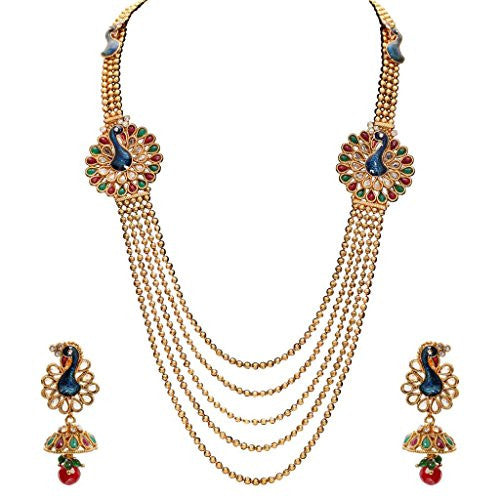 Sukkhi Emerald Ruby Meenakari Five String Gold Plated Mayur Necklace Set for Women