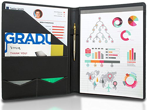 STYLIO Padfolio/ Resume Portfolio Folder - Interview/ Legal Document Organizer & Business Card Holder - With Letter-Sized Writing Pad - Handsome Piano Noir Faux Leather Matte Finish & Accent Stitching