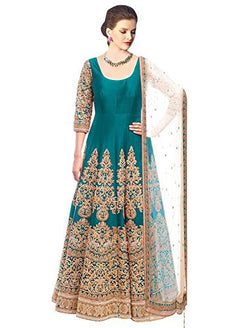 Clickedia Women's Bhagalpuri Rama Embroidered Semi Stitched Anarkali - Dress Material