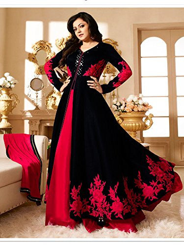 Royal Export Women's Bangalori Silk Black and Red Anarkali Semi-Stitched Salwar Suit