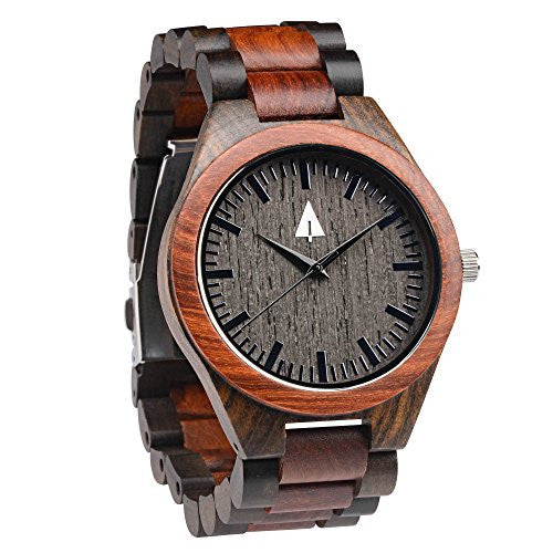 Treehut Men's Rosewood and Ebony Wooden Watch with All Wood Strap Quartz Analog with Quality Miyota Movement and Stainless Steel Tri-Fold Clasp with Push Buttons
