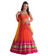 ZFashion Women's Fanta Mastani Orange Color Embroidered &amp; Lace Work Semi-Stitched Net Lehenga with Yellow Net Dupatta