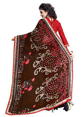Oomph! Women's Georgette Sarees Party Wear/Fancy Georgette Sarees/Printed Georgette Sarees - Chocolate Brown &amp; Scarlet