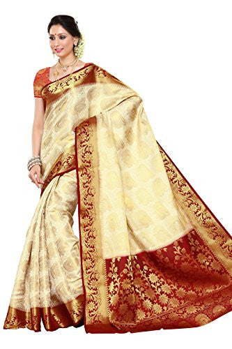 Mimosa Women's Traditional Art Silk Saree Kanchipuram Style, color :Off White(3247-201-HEHT-MRN)