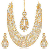 Sukkhi Gold Plated Australian Diamond Choker Necklace With Drop Earring &amp; Mangtika For Women