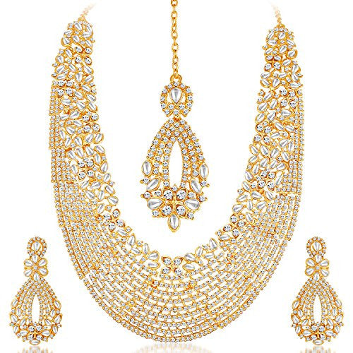 Sukkhi Gold Plated Australian Diamond Choker Necklace With Drop Earring & Mangtika For Women