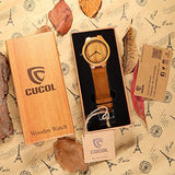 CUCOL Men's Bamboo Wooden Watch with Brown Cowhide Leather Strap Japanese Quartz Movement Casual Watches