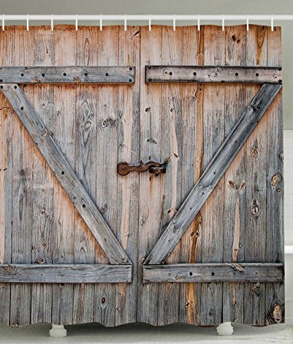 YIGER Rustic Country Barn Wood Door, Old Wooden Garage Door Digital Printing Polyester Antique Theme Shower Curtain with Adjustable Hook 70.86×70.86 Inch
