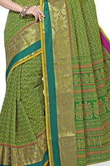Rani Saahiba Printed Zari Border Cotton Saree(Green_Skr1096)