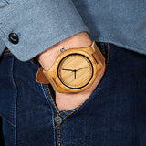 CUCOL Men's Bamboo Wooden Watch with Brown Cowhide Leather Strap Japanese Quartz Movement Casual Watches