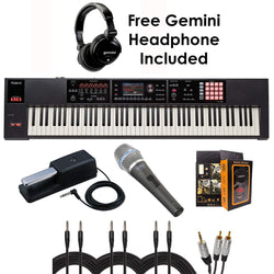 Roland PKG FA-08 88-key Weighted-action Music Workstation - Package Bundle with Roland DP-10 Damper Pedal, EMIC800, 3x QTQ Cables, RCA-Aux Cable, and Free Gemini Headphones & Mobile Bracket