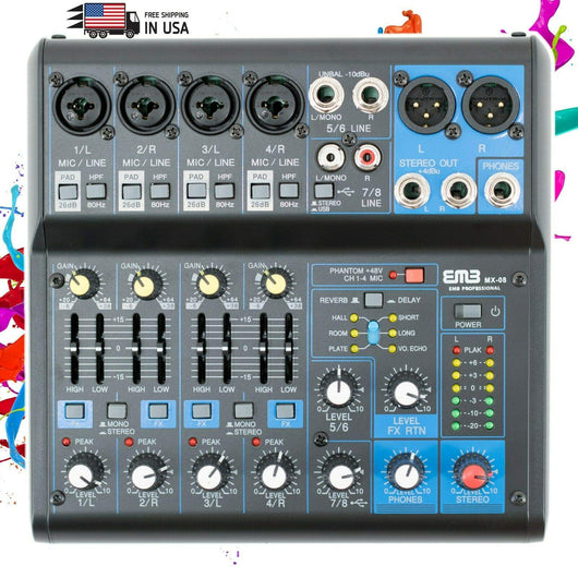 EMB Pro MX08 8 Channel Mixer Console with DSP Digital Effect +48V Phamtom Power