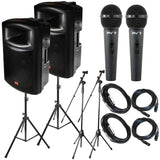 Package Bundle: 2x EMB EB112BT Pro 12" 2-way 900W Bluetooth Powered Speaker + 2x Speaker Stands + 2x Peavey PV7 Dynamic Cardiod Microphones With Cables + 2 Microphone Stand + 2 XLR Xlarge Cables