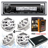 Kenwood KMR-D372BT Bluetooth Receiver + GBR300-4D 4 Channels Digital Amplifier + KFC-1653MRW 6.5" 2-Way Marine Speaker Boat-Yacht-ATV - 4 Speakers/300W + Free Magnet Phone Holder