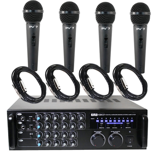 Package Bundle - EMB EBK37 Pro 700-watt Digital Karaoke Mixer Stereo Amplifier + 4 Peavey PV7 Dynamic Cardiod Microphones With Cables