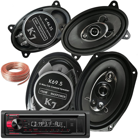 Package - Kenwood KDC-118 In-Dash 1-DIN CD Car Stereo Receiver w/ Front AUX Input + Pair Of K7 K-46.3S 4x6-Inchs 180W 3-WAY + Pair Of K69.5 6