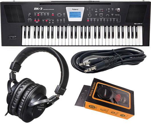 Roland 61-Key Portable Keyboard (BK-3-BK) + HP2000 Studio Headphone with Aux Cable and Magnet Phone Holder, BK3 EAUX+M