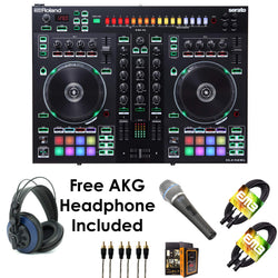 Roland PKG DJ-505 Two Channel, Four-Deck Serato DJ Controller - Package Bundle with EMIC800 Microphone, 3x RCA Cable, 2x XLR Cable, and Free Blue Headphone & Mobile Bracket
