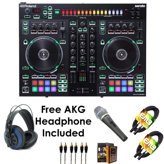 Roland PKG DJ-505 Two Channel, Four-Deck Serato DJ Controller - Package Bundle with EMIC800 Microphone, 3x RCA Cable, 2x XLR Cable, and Free Blue Headphone & Mobile Bracket
