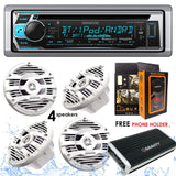 Kenwood KMR-D368BT Bluetooth Receiver + GBR300-4D 4 Channels Digital Amplifier + KFC-1653MRW 6.5" 2-Way Marine Speaker Boat-Yacht-ATV - 4 Speakers/300W + Free Magnet Phone Holder