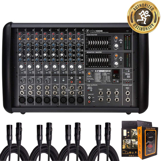Mackie PPM1008 8-Channel 1600-Watt, Ultra-light Professional Powered Mixer Bundle w/ 4 XLR Cables & Free Mobile Bracket