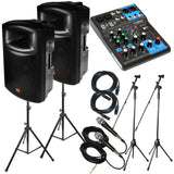 Yamaha Package Bundle: 1x Yamaha MG06 6-Channel Mixer + 2x EMB EB112BT Pro 12" 2-way 900W Bluetooth Powered Speaker + 2x Speaker Stands + 2 Emic800 Microphone With Wires + 2 Microphone Stand + 2 XLR Xlarge Calbles