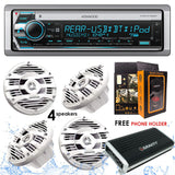 Kenwood KMR-D768BT Bluetooth Receiver + GBR300-4D 4 Channels Digital Amplifier + KFC-1653MRW 6.5" 2-Way Marine Speaker Boat-Yacht-ATV - 4 Speakers/300W + Free Magnet Phone Holder