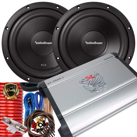 Pair of Rockford Fosgate R2D4-10 Prime R2 Dvc 4 Ohm 10-Inch 500 Watts Peak Subwoofer + 3600W Monoblock Amplifier + Installation Kit Included