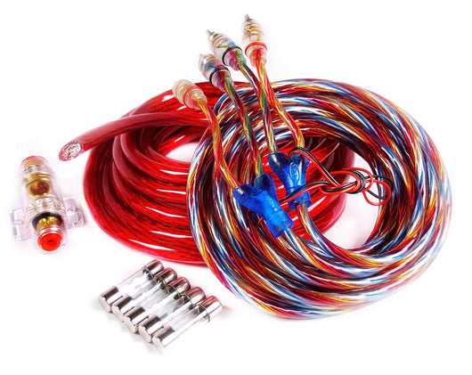 PACKAGE - 4 Gauge 17FT Red Power Cable + 5 AGU Fuses + AGU Fuse Holder + 18FT Light Up RCA CableAmplifier Installation Kit
