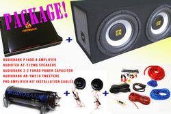 COMPLETE PACKAGE! Audiobank P1400.2 2 Channels Amplifier + Audiotek AT-212WS Speakers + Audiobank AB-Tw210 Tweeters + Pro Installation Kit Cables + Audiobank 2.2 Farad Power Capacitor
