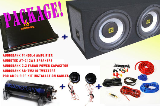 COMPLETE PACKAGE! Audiobank P1400.2 2 Channels Amplifier + Audiotek AT-212WS Speakers + Audiobank AB-Tw210 Tweeters + Pro Installation Kit Cables + Audiobank 2.2 Farad Power Capacitor